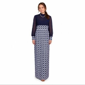 70’s Navy And White Textured Long Sleeve Maxi Dress Size: Large VTG